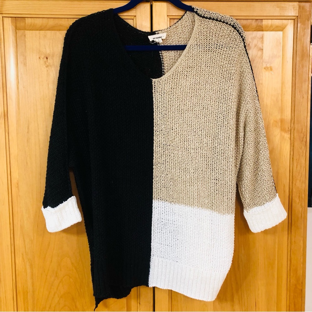 eesome Colorblock Crew Sweater - Black, Tan & White